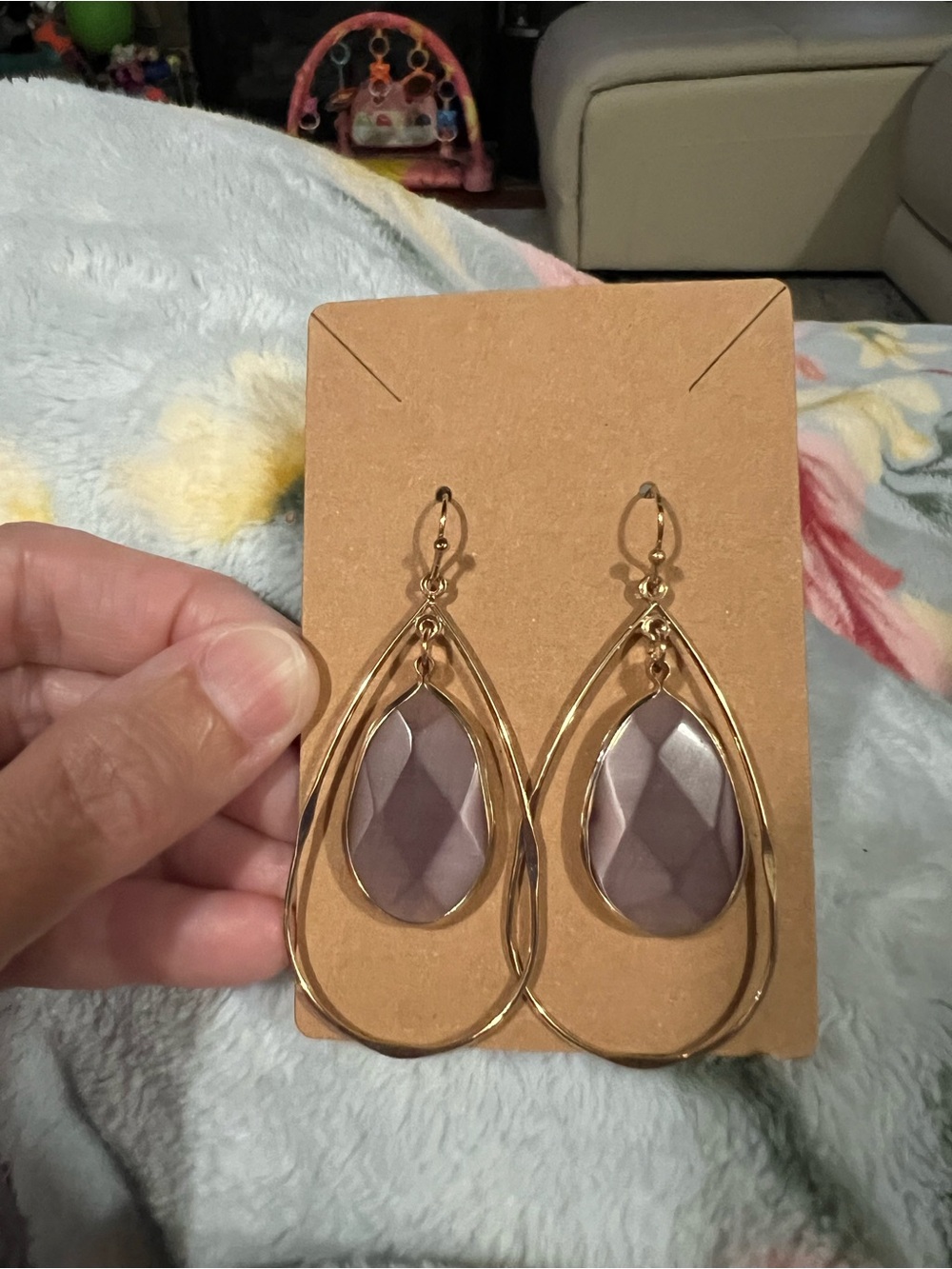 Gold Teardrop Earrings with Mauve Faceted Stone
